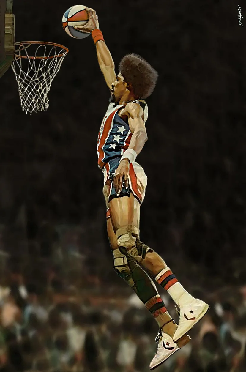 Historic ABA basketball dunk illustration
